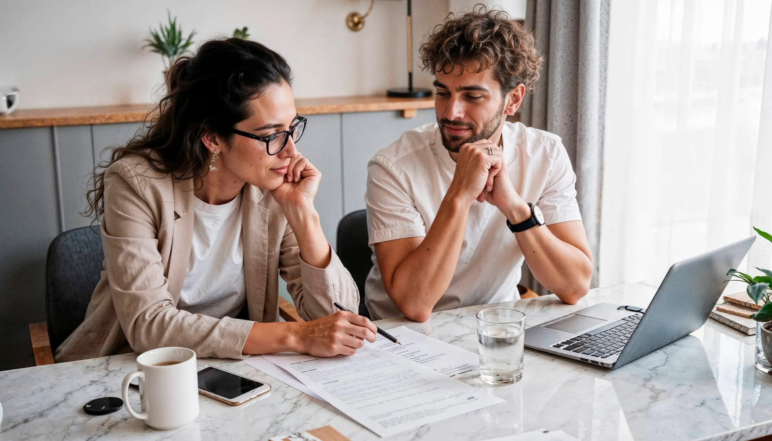 A woman and man lean on a table reviewing a document beside an open laptop