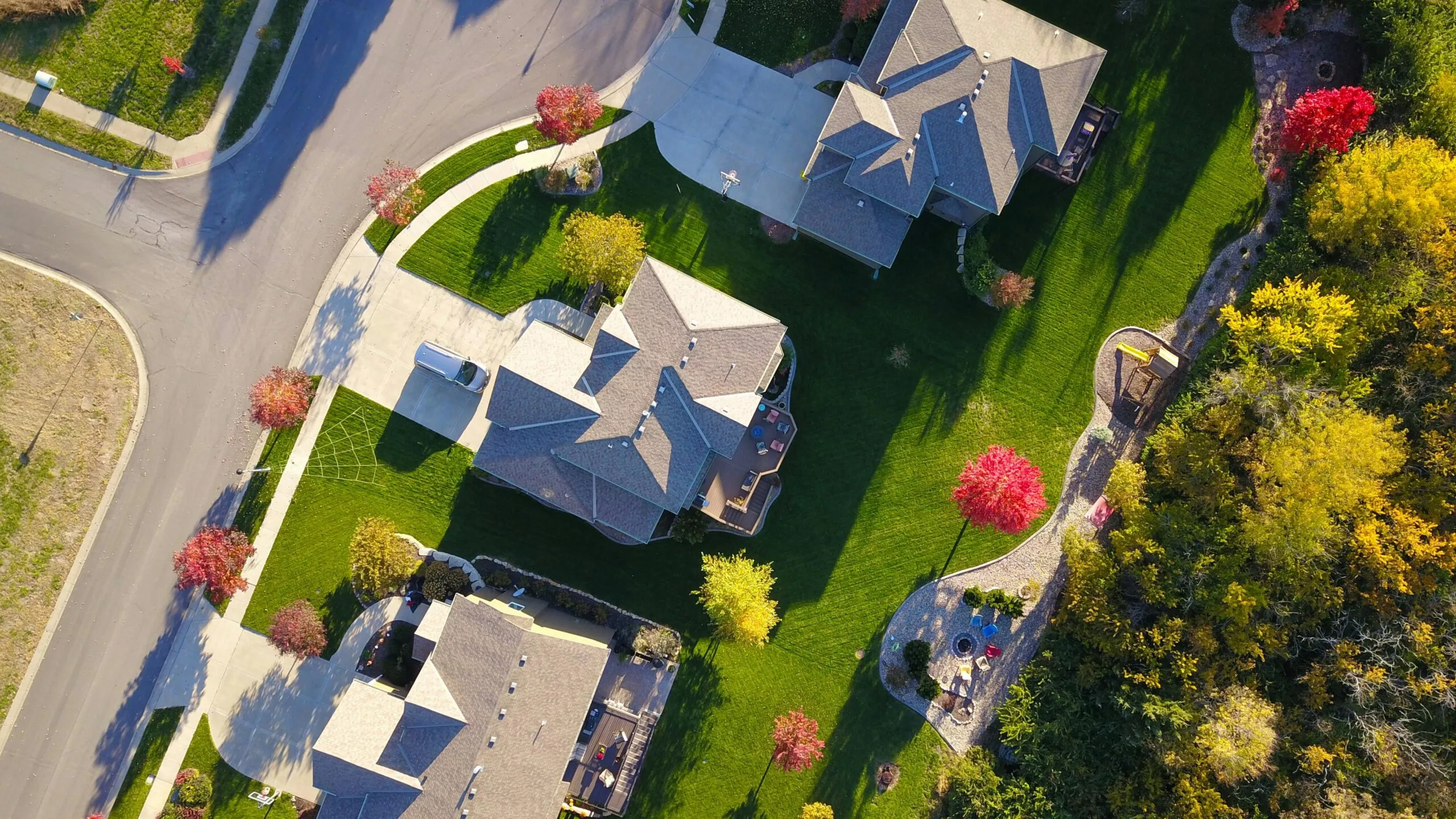Aerial view of a suburban street lined with houses, driveways and autumn-coloured trees