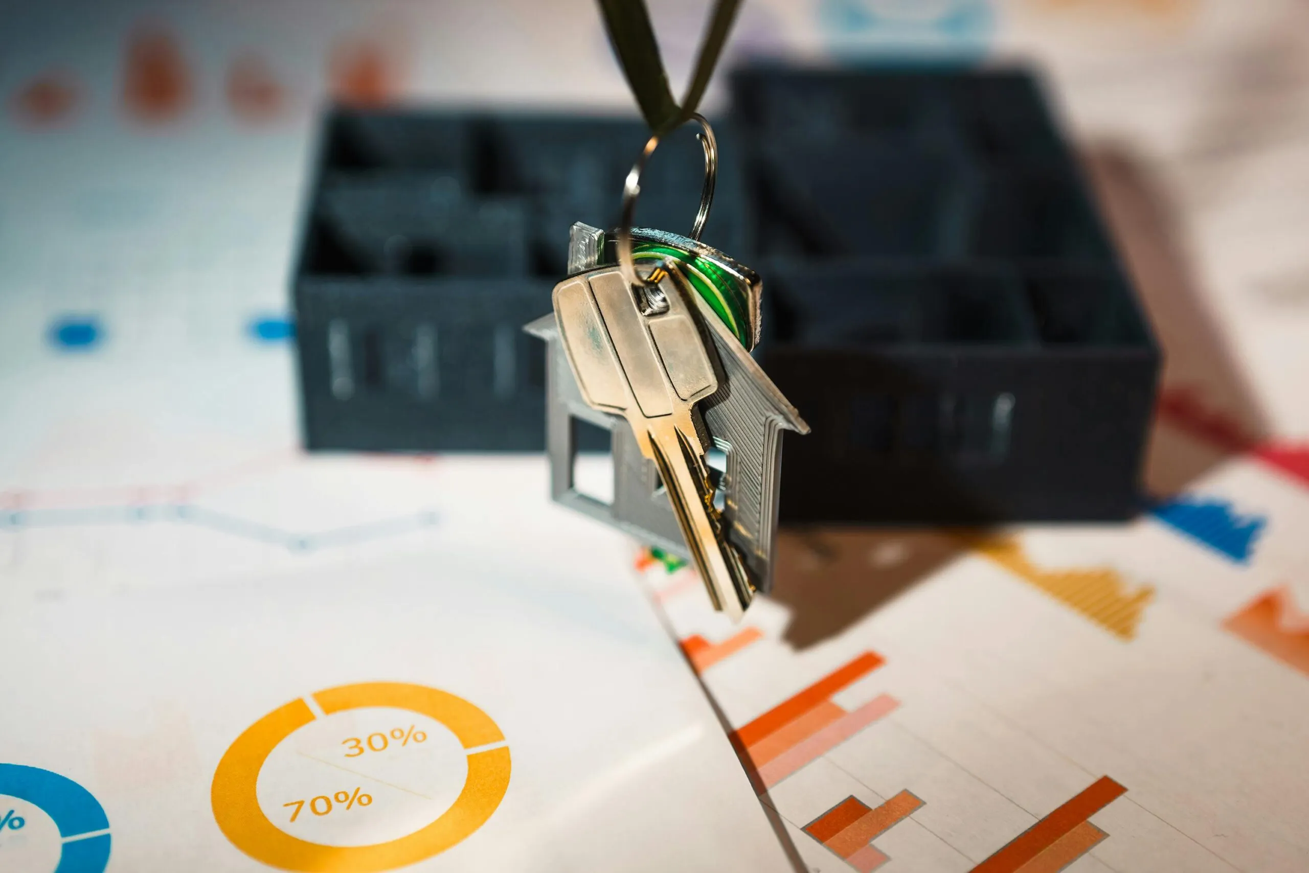 A house shaped keyring hangs above blurred house shapes and printed pie chart data